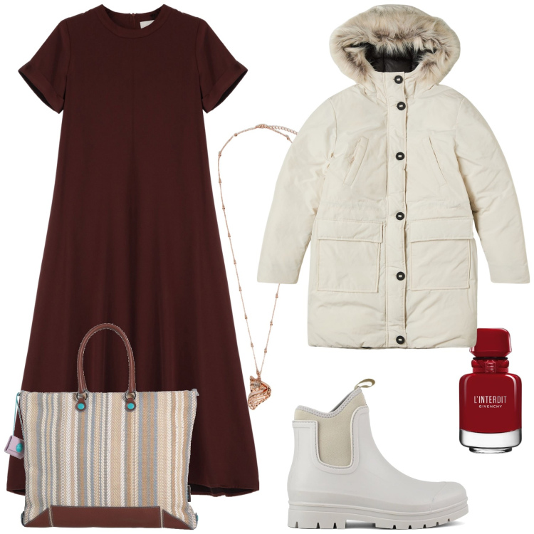 Outfit donna - Total look. Stile Trendy per Tutti i giorni. Abbinamento con borse a mano, profumi, parka, vestiti, ciondoli, stivali.