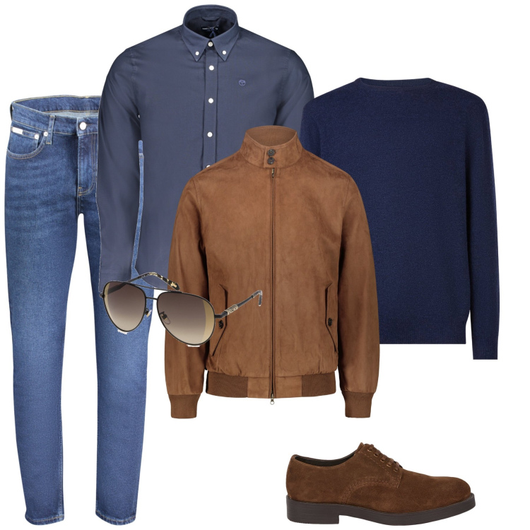 Outfit uomo - Layering maschile. Stile Casual per Ufficio. Abbinamento con scarpe stringate, maglieria, giacche, camicie, jeans, occhiali da sole.