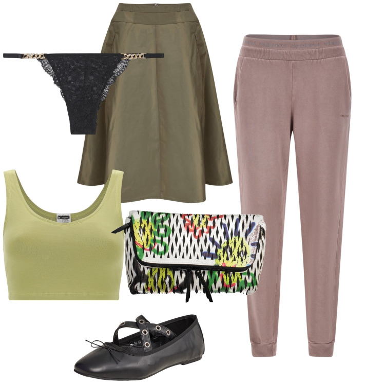 Outfit donna - Che mix. Stile Trendy per Tutti i giorni. Abbinamento con ballerine, culotte, top, pantaloni, gonne, borse a mano.