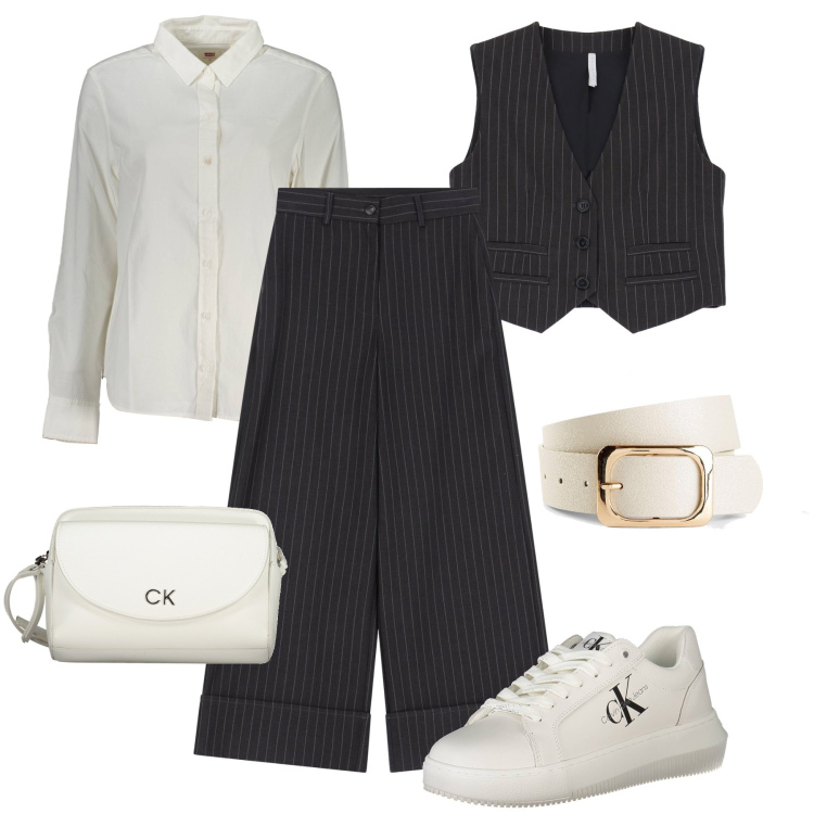 Outfit donna - Gessato comodo in ufficio. Stile Trendy per Ufficio. Abbinamento con cinture, gilet, pantaloni a palazzo, borse a tracolla, sneakers, camicie.
