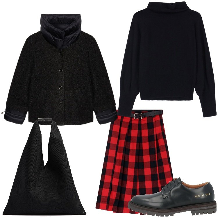 Outfit donna - Scottish girl. Stile Casual chic per Serata fuori. Abbinamento con scarpe stringate, gonne, maglieria, shopping bag, blazer.