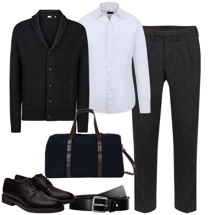 Outfit uomo - Gennaio. Stile Business/Elegante per Tutti i giorni. Abbinamento con scarpe stringate, cardigans, pantaloni, camicie, cinture, borse sportive.
