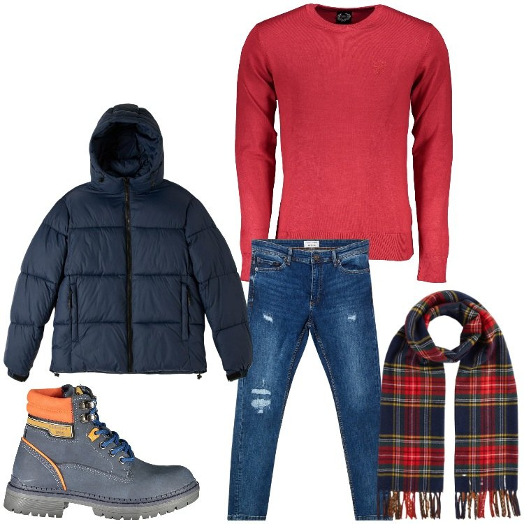 Outfit uomo - Jeans in inverno. Stile Casual per Tutti i giorni. Abbinamento con piumini, jeans strappati, sciarpe, maglieria, stivali.