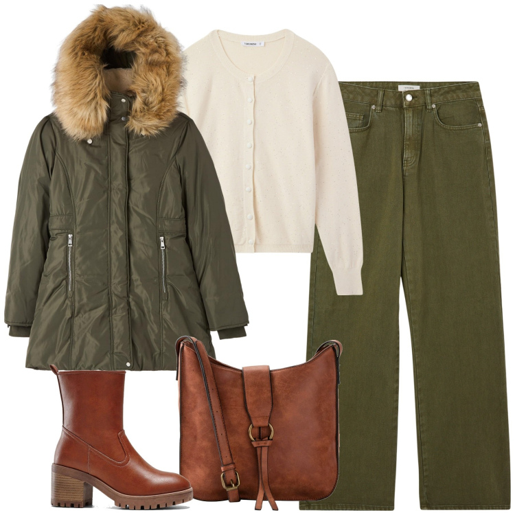 Outfit donna - City. Stile Casual per Tutti i giorni. Abbinamento con borse a tracolla, stivaletti, parka, pantaloni, cardigans.