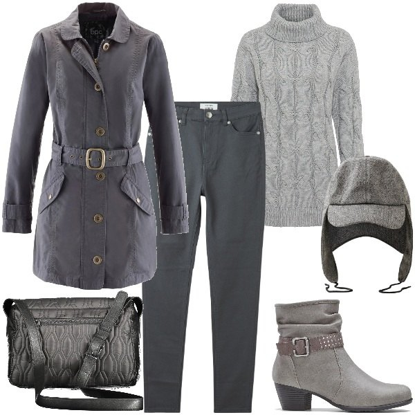Outfit donna - Per saldi. Stile Trendy per Tutti i giorni. Abbinamento con stivaletti, maglieria, trench, pantaloni skinny, cappelli, borse a tracolla.