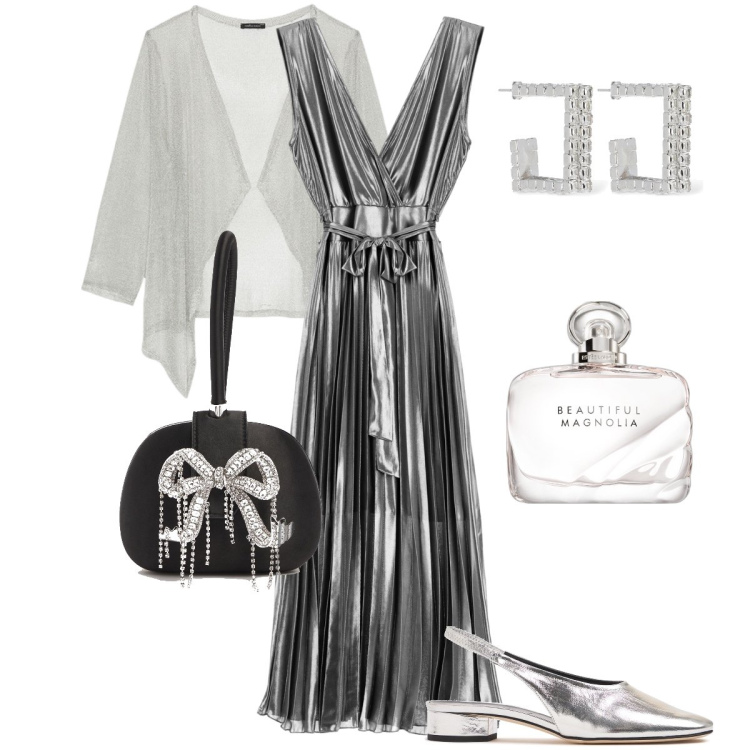Outfit donna - Toni argentati. Stile Glamour per Serata fuori. Abbinamento con profumi, vestiti midi/longuette, orecchini, top, pochette, scarpe col tacco.