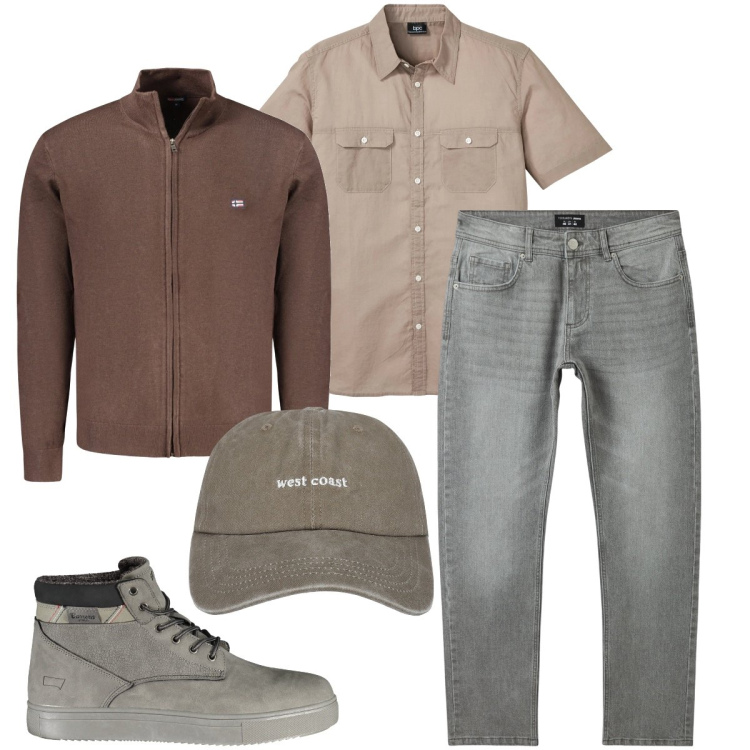 Outfit uomo - Casual di giorno. Stile Casual per Tutti i giorni. Abbinamento con camicie a manica corta, cappelli, jeans, stivali, cardigans.