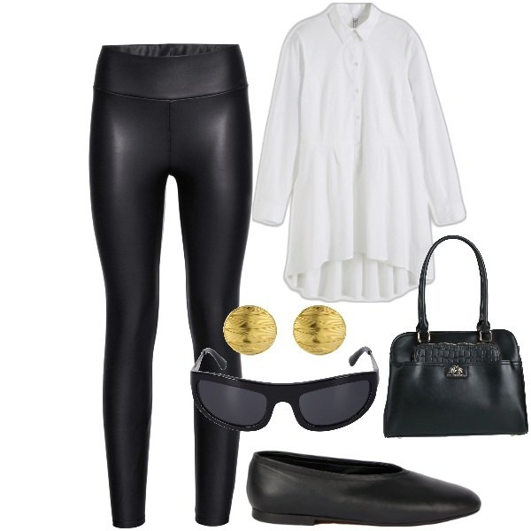 Outfit donna - Leggins di primavera. Stile Trendy per Tutti i giorni. Abbinamento con camicie, leggings, borse a mano, ballerine, occhiali da sole, orecchini.