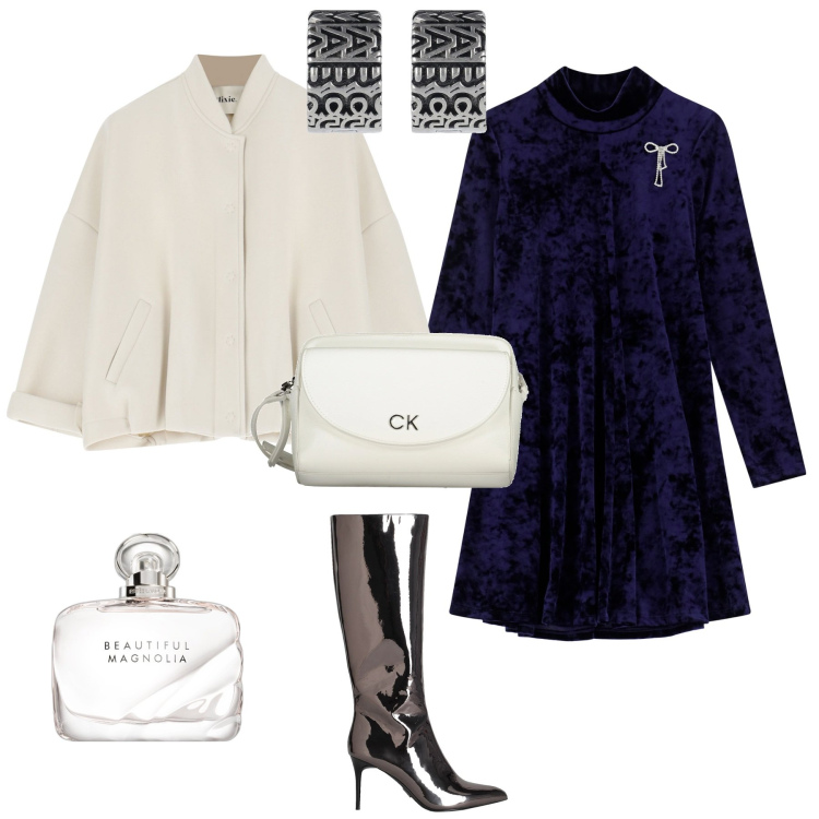 Outfit donna - Total look #2031331. Stile Bon Ton per Serata fuori. Abbinamento con stivali, profumi, vestiti corti, bomber, orecchini, borse a tracolla.