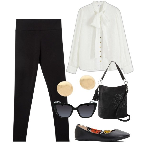 Outfit donna - Leggins di primavera. Stile Urban per Tutti i giorni. Abbinamento con ballerine, borse a mano, camicie, leggings, orecchini, occhiali da sole.