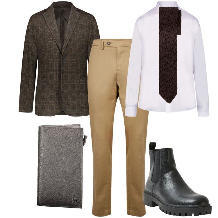Outfit uomo - Appuntamento di lavoro. Stile Business/Elegante per Ufficio. Abbinamento con stivali e stivaletti, giacche, camicie, pantaloni chino, portafogli, cravatte.