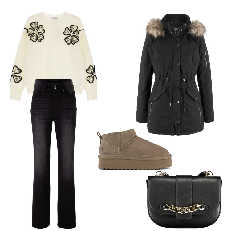 Outfit donna - Hygge. Stile Casual per Tutti i giorni. Abbinamento con jeans bootcut, parka, pullovers, stivaletti, borse a tracolla.
