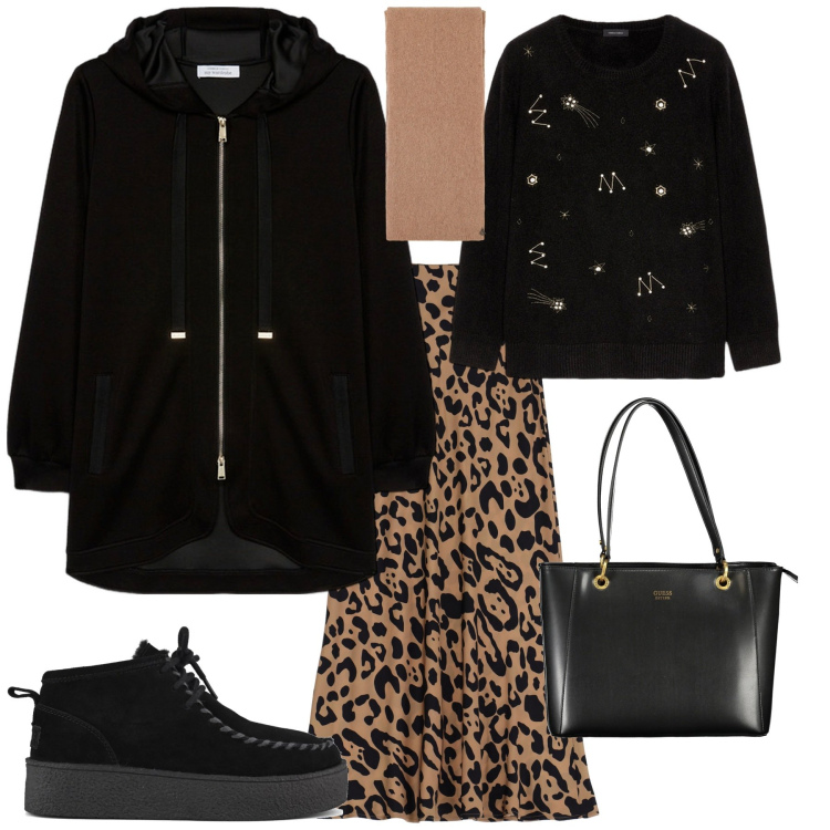 Outfit donna - Total look #2031358. Stile Glamour per Ufficio. Abbinamento con gonne lunghe, stole, felpe con cappuccio, stivaletti, maglieria, borse a spalla.