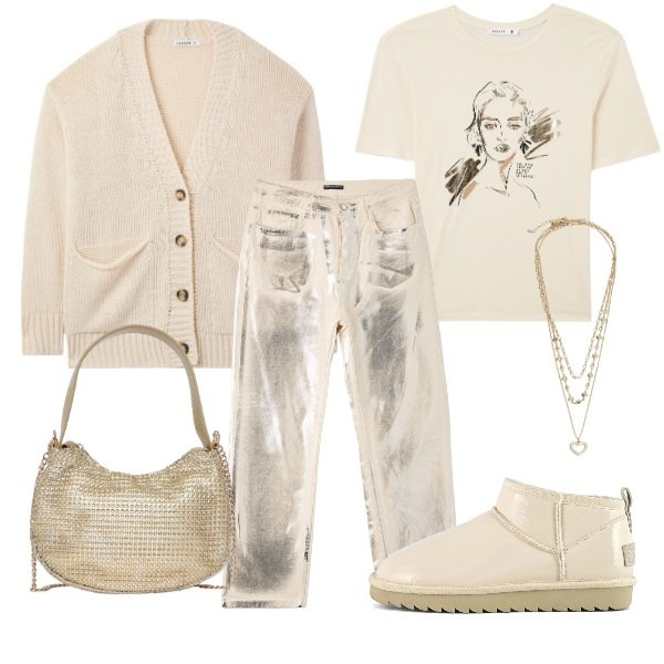 Outfit donna - Effetto oro casual chic. Stile Casual chic per Tutti i giorni. Abbinamento con t-shirt, cardigans, jeans, collane, borse a spalla, stivali.