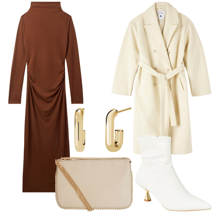 Outfit donna - Minimal chic. Stile Minimal per Serata fuori. Abbinamento con orecchini, vestiti lunghi, cappotti, stivaletti, borse a tracolla.