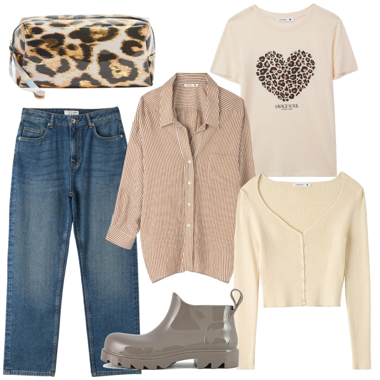 Outfit donna - New Year, New Layers. Stile Casual per Tutti i giorni. Abbinamento con t-shirt, camicie, jeans dritti, cardigans, valigie, stivali.