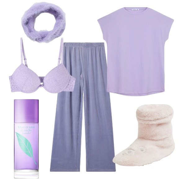 Outfit donna - Confort night. Stile Basic per Tutti i giorni. Abbinamento con profumi, pantofole, pigiama, fasce per capelli, reggiseni, t-shirt.