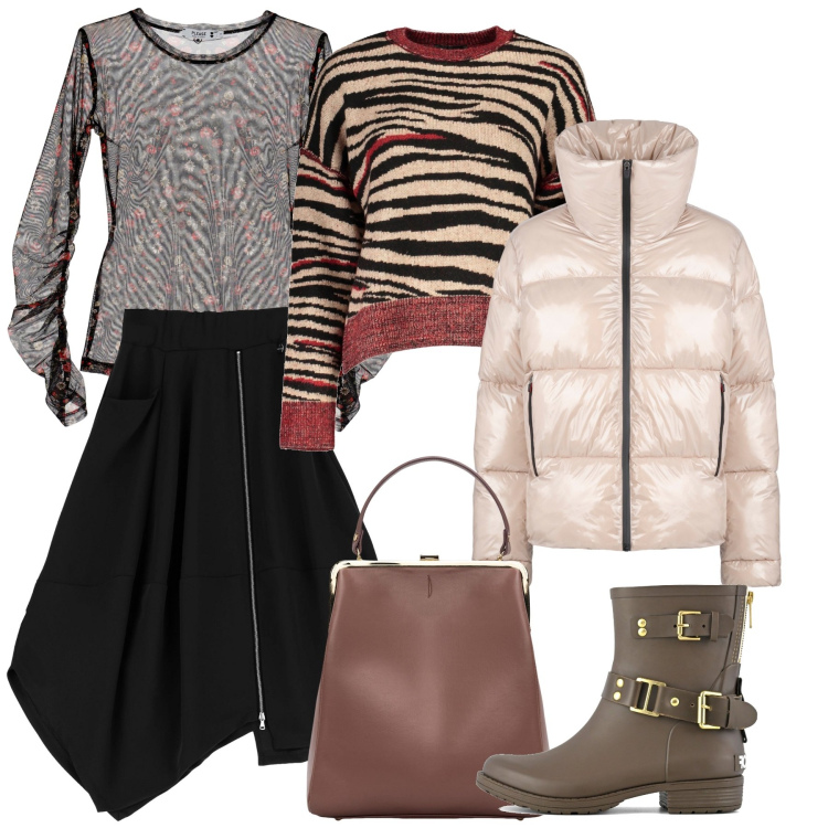Outfit donna - New Year, New Layers. Stile Chic per Tutti i giorni. Abbinamento con t-shirt, gonne longuette, blazer, borse a spalla, stivali, maglieria.