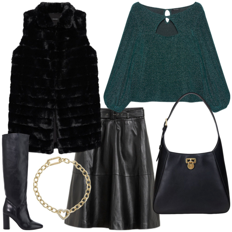 Outfit donna - Saldi invernali. Stile Trendy per Tutti i giorni. Abbinamento con gonne, braccialetti, stivali, borse a spalla, t-shirt, gilet.