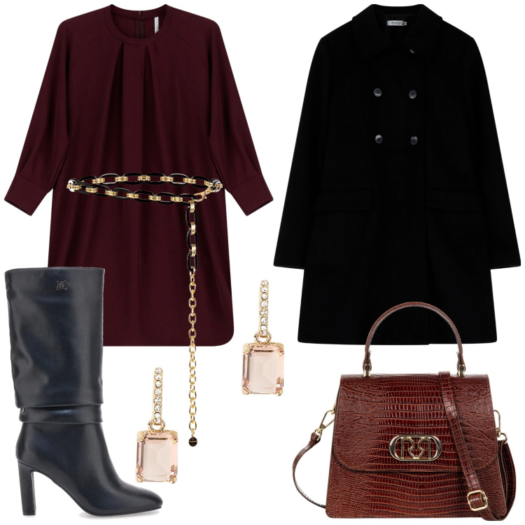 Outfit donna - Nuovo anno, nuovo look. Stile Chic per Serata fuori. Abbinamento con borse a mano, cinture, cappotti, vestiti corti, orecchini, stivali.