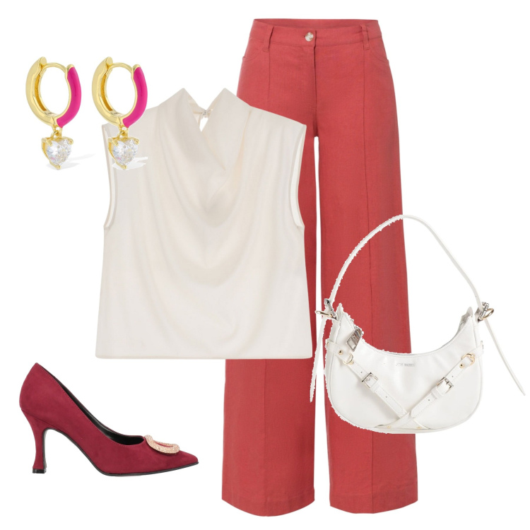 Outfit donna - Chic in bianco e corallo. Stile Chic per Cerimonia. Abbinamento con décolleté, borse a mano, pantaloni a palazzo, top, orecchini.