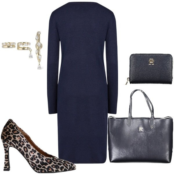 Outfit donna - Anticipa il blu. Stile Bon Ton per Ufficio. Abbinamento con décolleté, vestiti midi/longuette, orecchini, borse a spalla, portafogli.