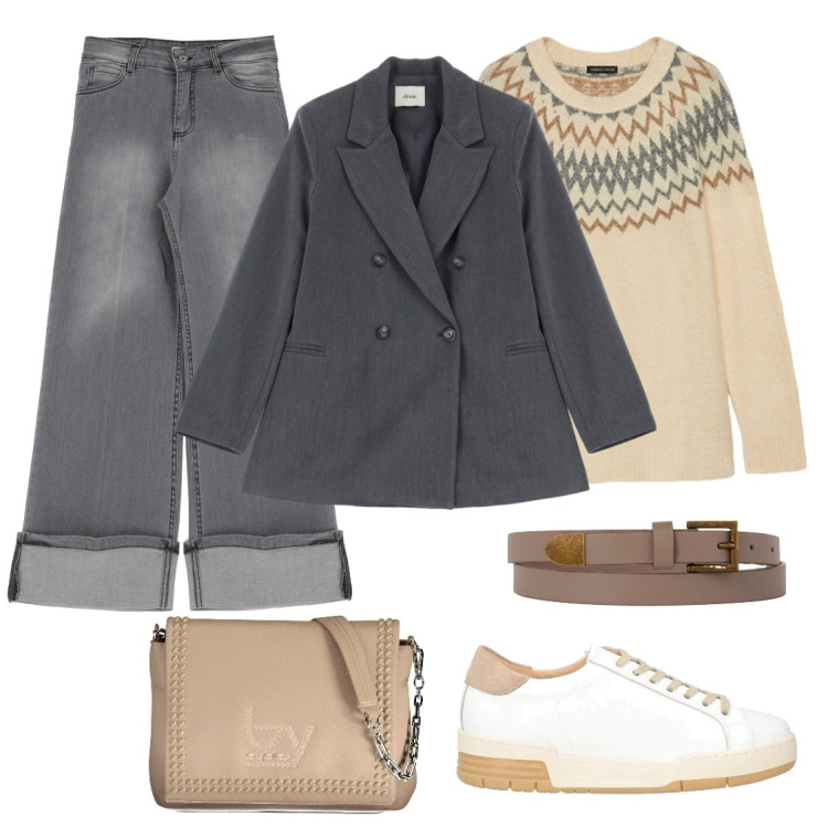 Outfit donna - Rossella. Stile Casual per Tutti i giorni. Abbinamento con sneakers, blazer, jeans, cinture, maglieria, borse a spalla.