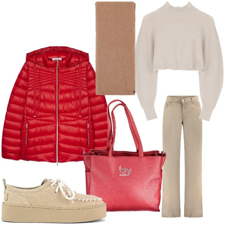 Outfit donna - Guardando le vetrine. Stile Casual per Tutti i giorni. Abbinamento con maglieria, stole, mocassini, piumini, borse a spalla, pantaloni a palazzo.