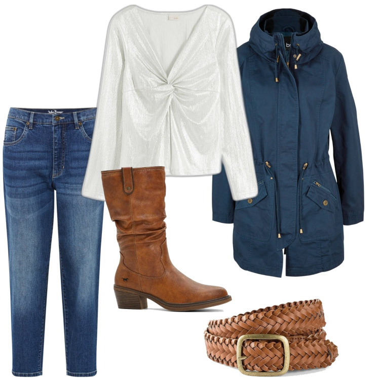 Outfit donna - bonprix - Tendenze in denim. Stile Trendy per Tutti i giorni. Abbinamento con parka, cinture, jeans mom, maglieria, stivali.