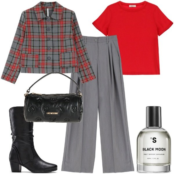 Outfit donna - Rientro in ufficio. Stile Mannish per Ufficio. Abbinamento con stivali, borse a mano, profumi, blazer, pantaloni, t-shirt.