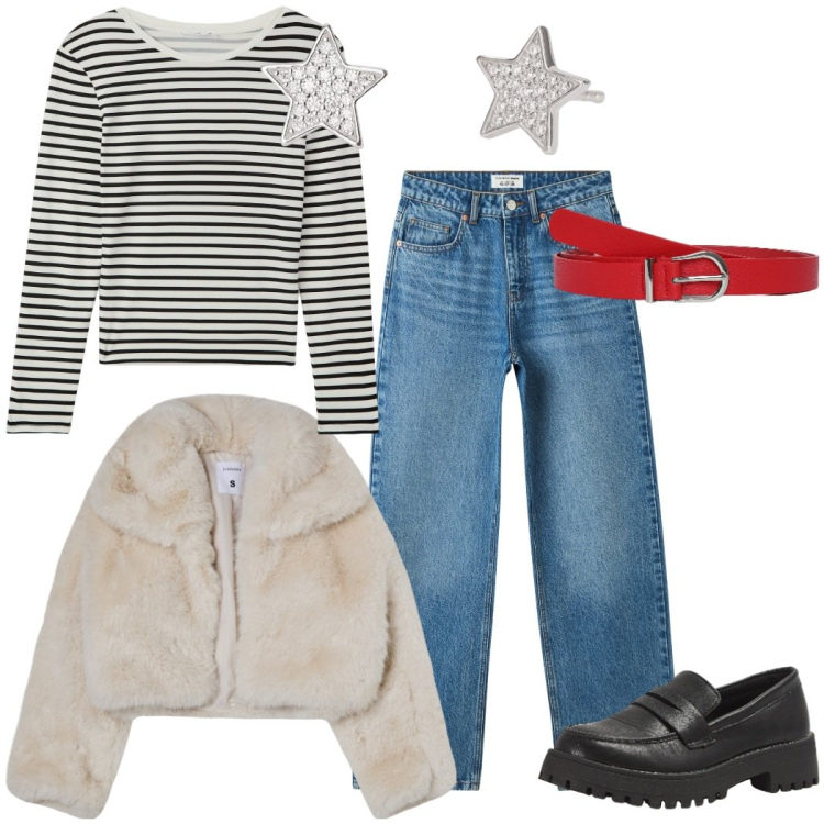 Outfit donna - La giacca in ecopellicia. Stile Casual chic per Tutti i giorni. Abbinamento con cinture, jeans, blazer, maglieria, mocassini, orecchini.