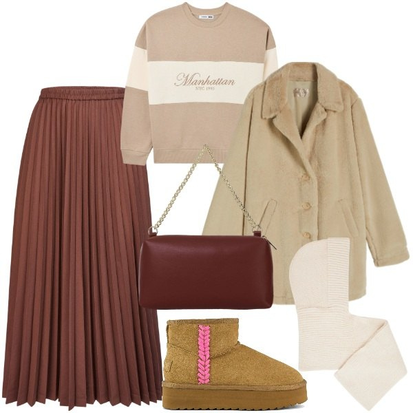 Outfit donna - In comodità. Stile Trendy per Tutti i giorni. Abbinamento con felpe, cappelli, cappotti, borse a tracolla, stivaletti, minigonne.