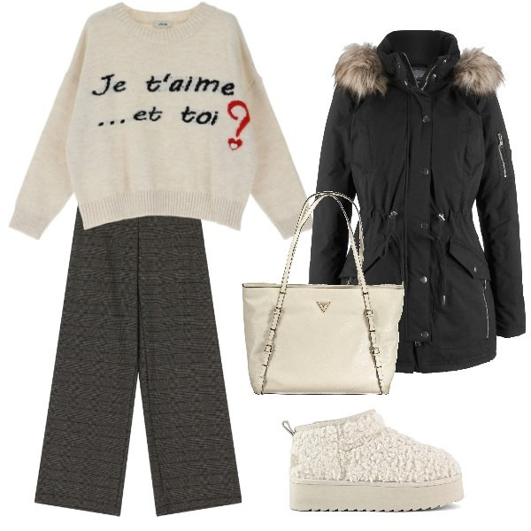 Outfit donna - Je t\'aime.... look. Stile Casual per Tutti i giorni. Abbinamento con parka, maglieria, pantaloni, stivaletti, borse a spalla.