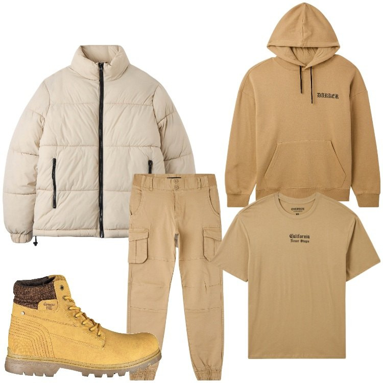 Outfit uomo - On the street. Stile Casual per Tutti i giorni. Abbinamento con t-shirt, felpe con cappuccio, piumini, pantaloni cargo, stivali.