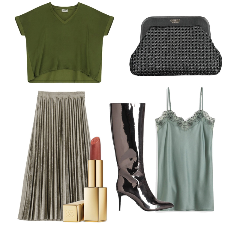 Outfit donna - vernissage. Stile Glamour per Serata fuori. Abbinamento con sottovesti, stivali, rossetti, gonne longuette, t-shirt, borse a mano.