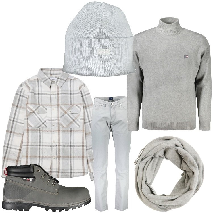 Outfit uomo - Grigio perla. Stile Casual per Tutti i giorni. Abbinamento con sciarpe, cappotti, maglieria, pantaloni, berretti, stivali.