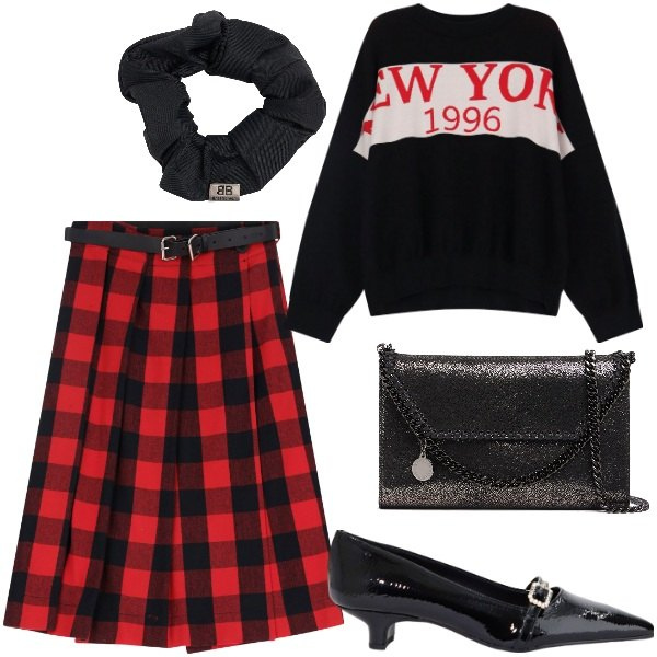 Outfit donna - Preppy a gennaio. Stile Preppy per Ufficio. Abbinamento con ballerine, gonne, maglieria, accessori per capelli, borse a tracolla.