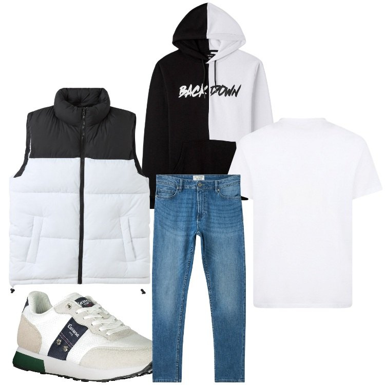 Outfit uomo - Bicolor. Stile Casual per Tutti i giorni. Abbinamento con piumini, jeans skinny, felpe con cappuccio, sneakers, t-shirt.