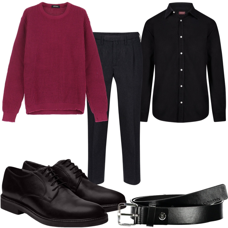 Outfit uomo - il color vinaccio per una serata. Stile Trendy per Serata speciale. Abbinamento con maglieria, scarpe stringate, pantaloni, cinture, camicie.