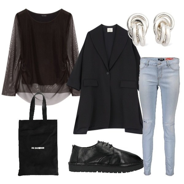 Outfit donna - Rientro in ufficio. Stile Casual per Ufficio. Abbinamento con scarpe stringate, borse a spalla, blazer, t-shirt, jeans strappati, orecchini.