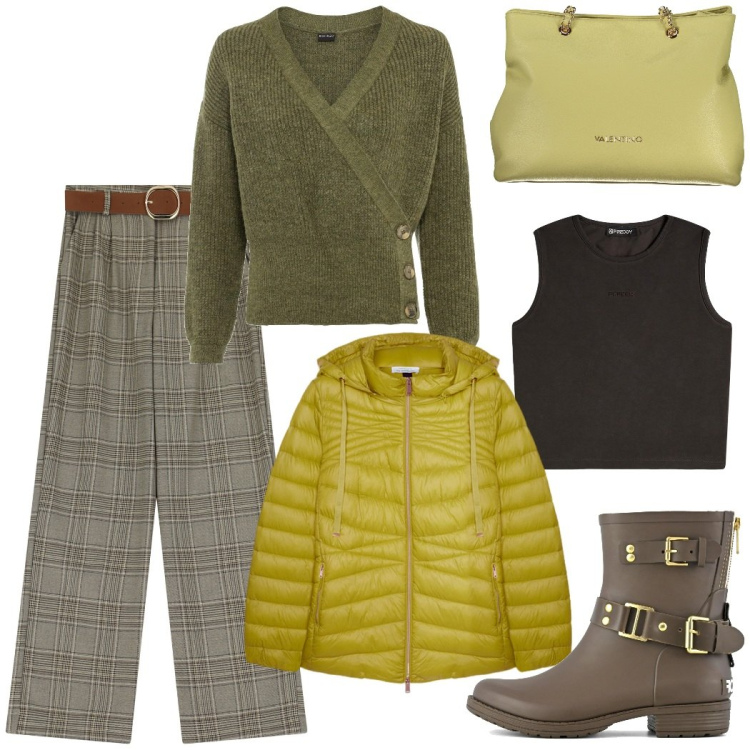 Outfit donna - Total look da pioggia. Stile Casual chic per Ufficio. Abbinamento con maglieria, top, pantaloni, stivali, piumini, borse a spalla.