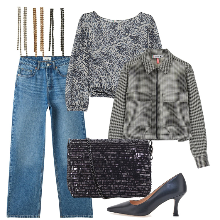 Outfit donna - Un nuovo anno, un nuovo stile. Stile Casual chic per Tutti i giorni. Abbinamento con orecchini, jeans, blazer, top, borse a tracolla, décolleté.