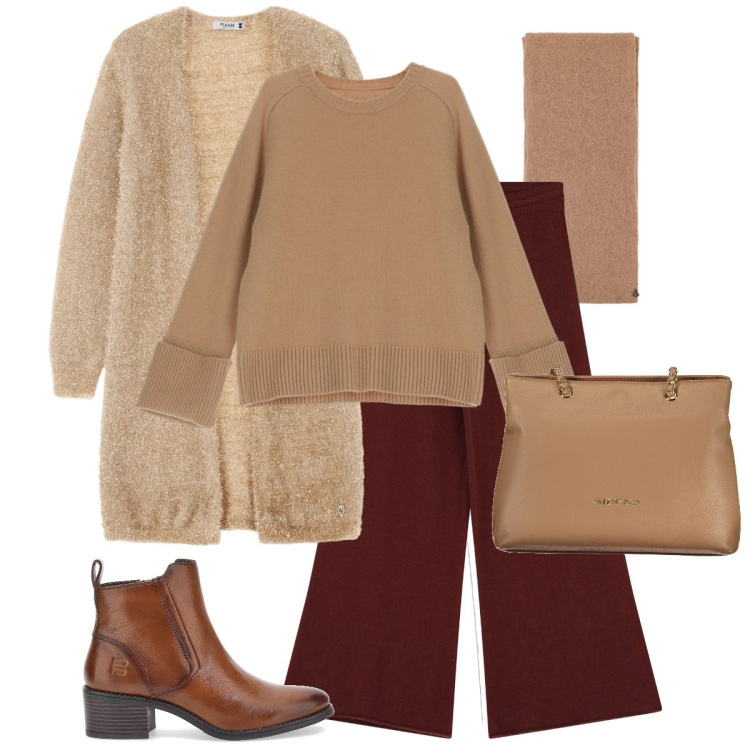 Outfit donna - Tonalità calde per gennaio. Stile Casual chic per Tutti i giorni. Abbinamento con pullovers, cardigans, stole, pantaloni, stivaletti, borse a spalla.