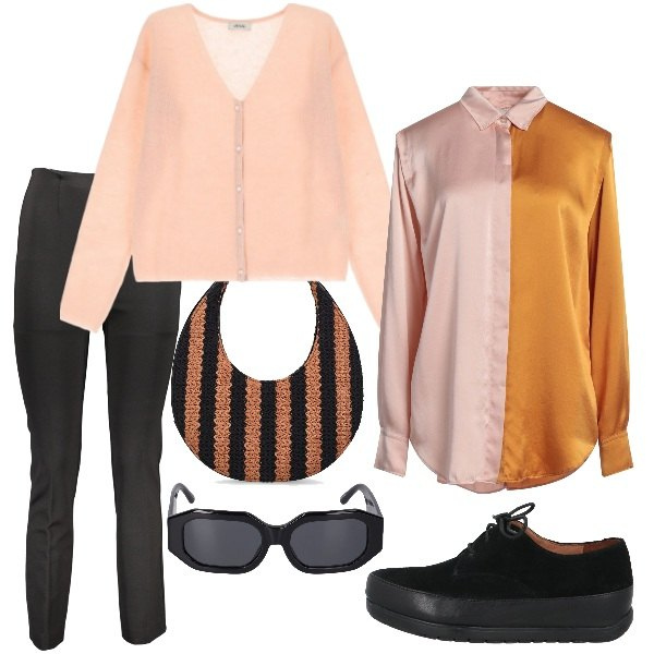Outfit donna - Giornata shopping. Stile Casual chic per Tutti i giorni. Abbinamento con scarpe stringate, camicie, cardigans, occhiali da sole, borse a mano, pantaloni.