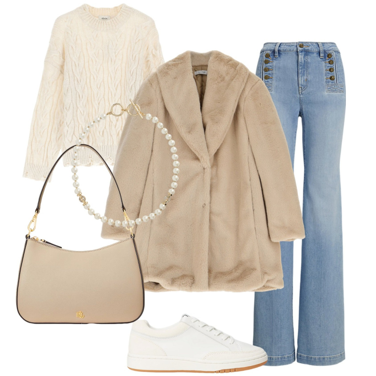 Outfit donna - Simply chic. Stile Casual chic per Tutti i giorni. Abbinamento con cappotti, borse a spalla, jeans, sneakers, collane, maglieria.