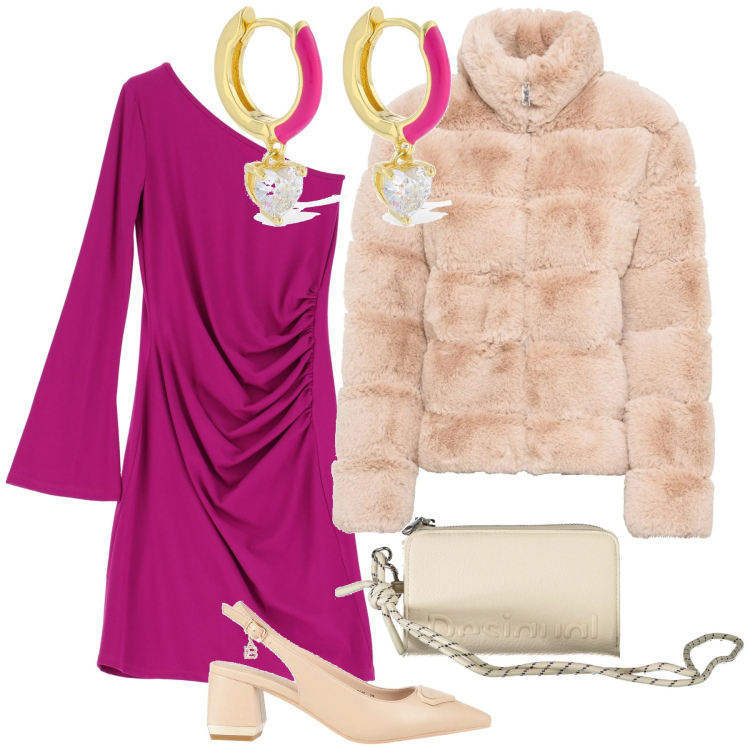 Outfit donna - Amica della sposa. Stile Glamour per Cerimonia. Abbinamento con ecopellicce, décolleté, vestiti asimmetrici, orecchini, portafogli.
