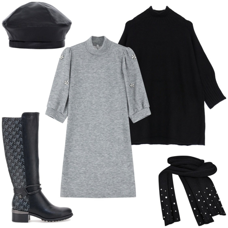 Outfit donna - Serate fuori. Stile Chic per Serata fuori. Abbinamento con sciarpe, vestiti corti, cappe, cappelli e berretti, stivali.