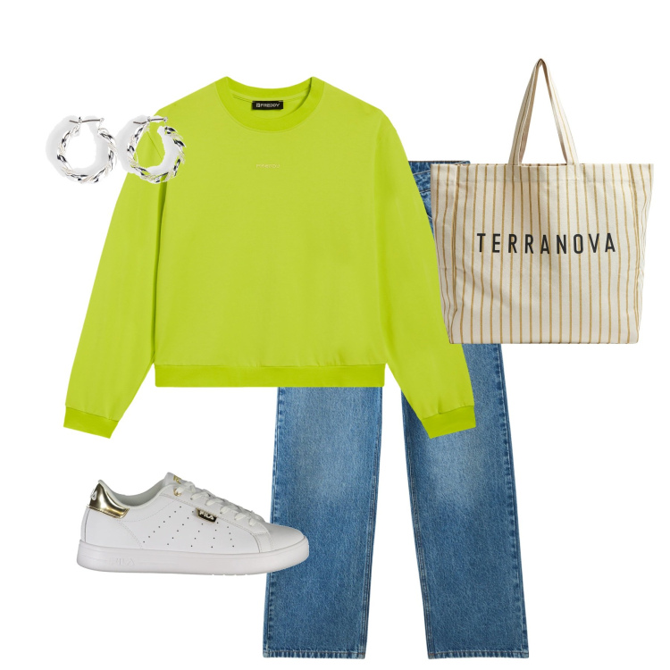 Outfit donna - Casual in verde. Stile Casual per Tutti i giorni. Abbinamento con orecchini, jeans, borse tote, felpe, sneakers.