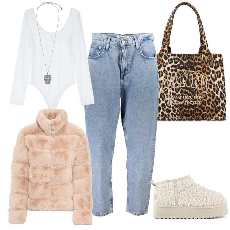 Outfit donna - Ma che freddo fa!. Stile Basic per Tutti i giorni. Abbinamento con ecopellicce, top, stivaletti, jeans mom, shopping bag, ciondoli.