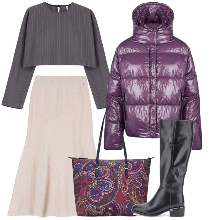 Outfit donna - Total look #2031523. Stile Bon Ton per Tutti i giorni. Abbinamento con maglieria, gonne lunghe, borse tote, blazer, stivali.